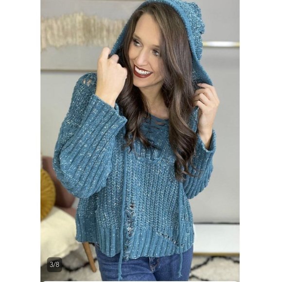 Pol Teal Distressed Chenille Sweater 